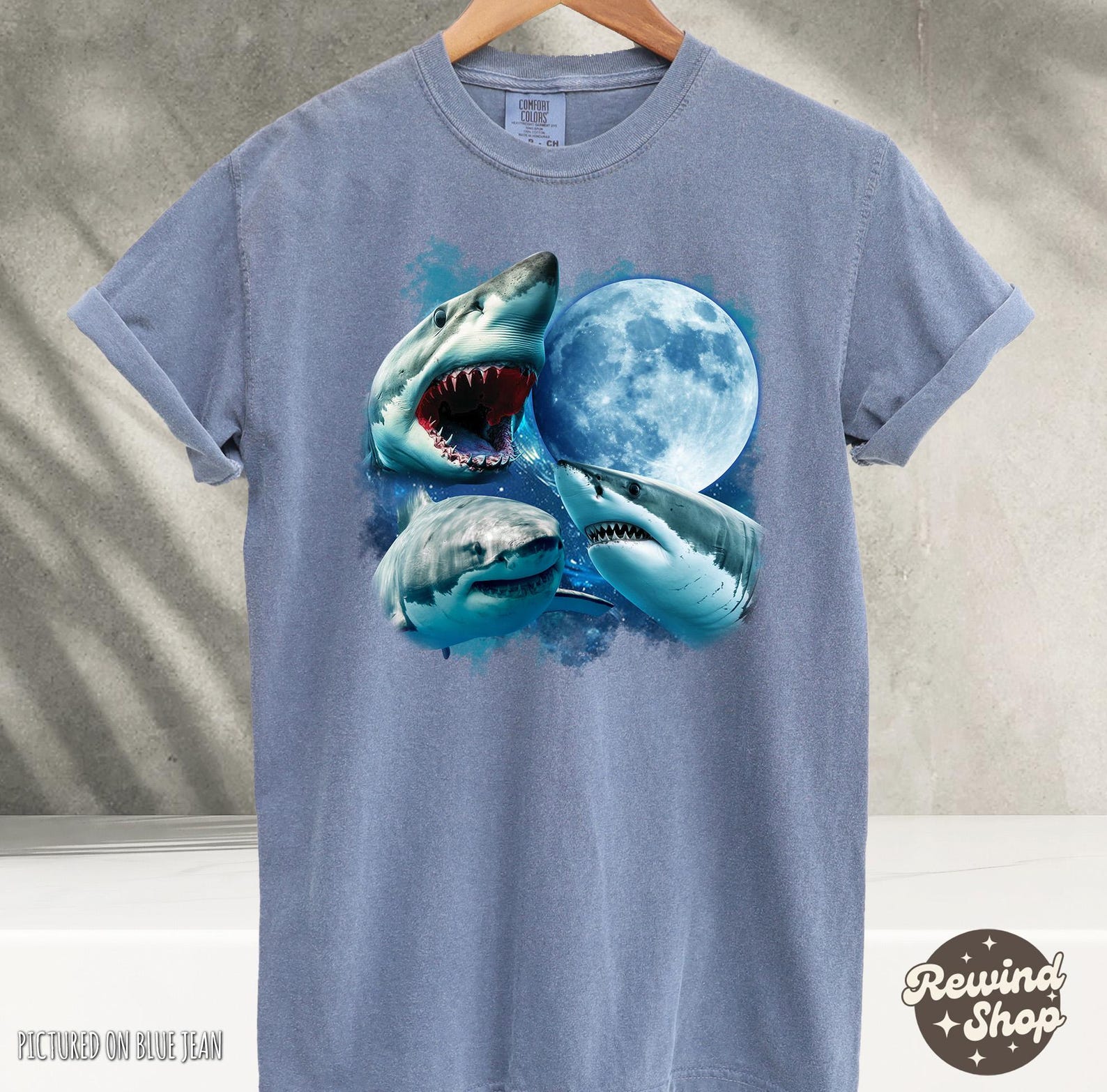 Sharks and Moon Vintage Graphic T-shirts, Retro Shark Shirt, Shark Ocean Lovers, Funny Graphic Tee, Comfort Colors Tshirt, Weirdcore Shirt 4XL
