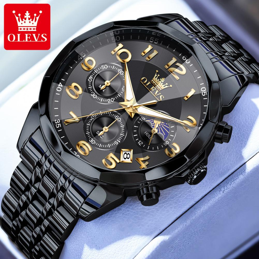 OLEVS 3676 Quartz Movement Watch For Men Classic 24-hour Moon Phase Luminous Function 30M Waterproof Calendar Window Watch