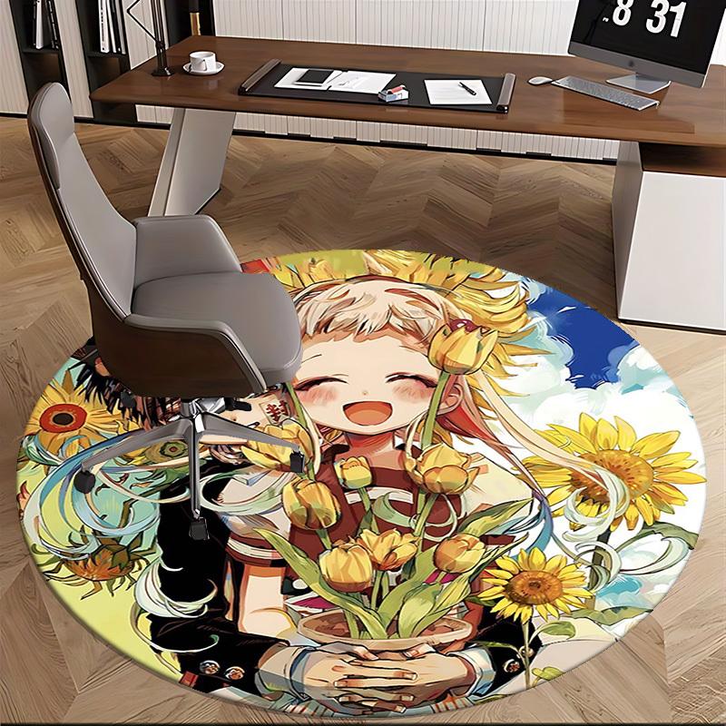 1pc Anime Cartoon Design Sunflower & Tulip Round Carpet - Office Chair Mat, Non-Slip Rug for Home Decor, Living Room, Bedroom, Game Room, Dormitory, G
