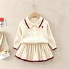 Toddler Girls 2Pcs Knit Outfit 2026 Autumn Winter Preppy Style Lapel Cable Knit Cardigan Pleated Skirt Set Baby Girl Heart Embroidery Clothes