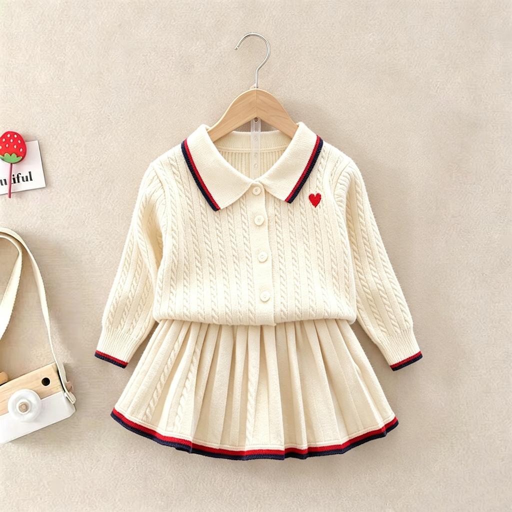 Toddler Girls 2Pcs Knit Outfit 2026 Autumn Winter Preppy Style Lapel Cable Knit Cardigan Pleated Skirt Set Baby Girl Heart Embroidery Clothes