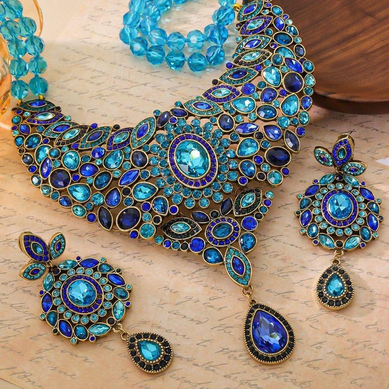 Mittelalterlicher Retro Bosnischer Stil Übertriebene Blaue Edelsteine Volle Halskette Ohrstecker
