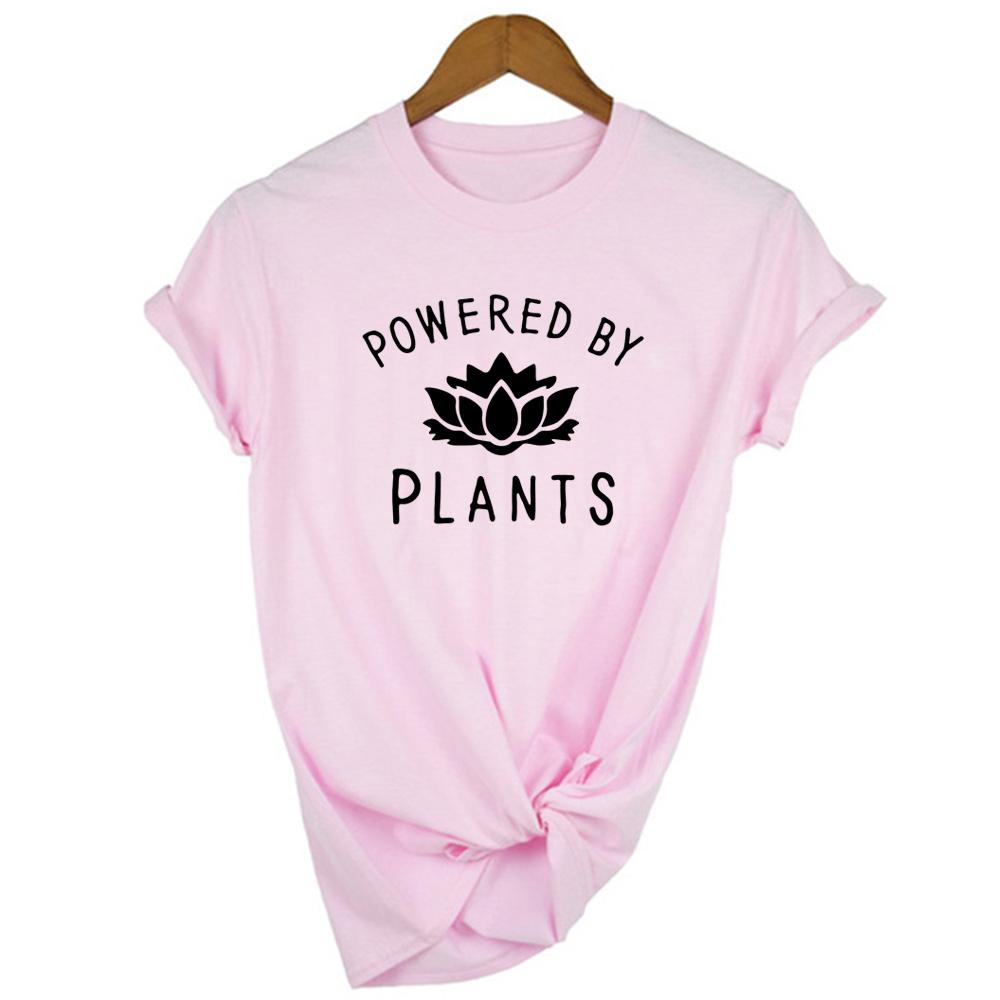 Powered By Plants Women T Shirt Round Neck Vegan Gift Shirts Graphic Tee Garden Vegetable Tumblr