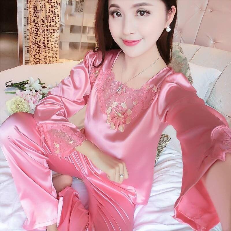 Pajama Women's Summer Ice Silk Long Sleeved Pants Two-piece Set Loose Oversized Lace Sexy Home Clothing Autumn
