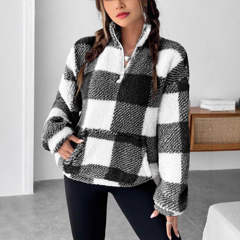 2025 Autumn and Winter Fashionable Short Plaid Half-open Collar Plush Sweatshirt for Women