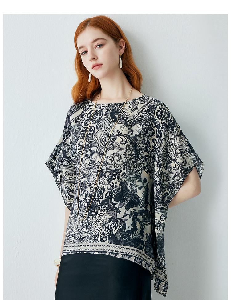100% Mulberry Silk] Spring and Summer New Round Neck High Ethnic Style Printed Short Sleeve Loose Silk T-shirt for Women
