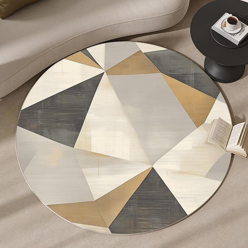 Round Modern Gold Grey Geometric Area Rug Non-Slip Floor Mat for Living Room Bedroom Minimalist Home Decor