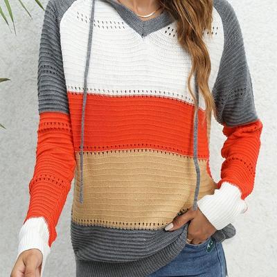 Women's Fashion Casual Fall Winter Colour Block Print Long Sleeve Hooded Sweaters