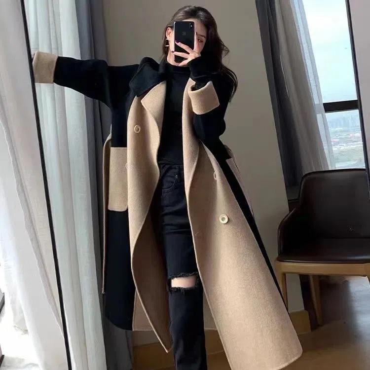 Damen Langer Wollmantel POLO-Kragen Einreihig Color Block Gerade Winter Übergröße Maxi Oberbekleidung