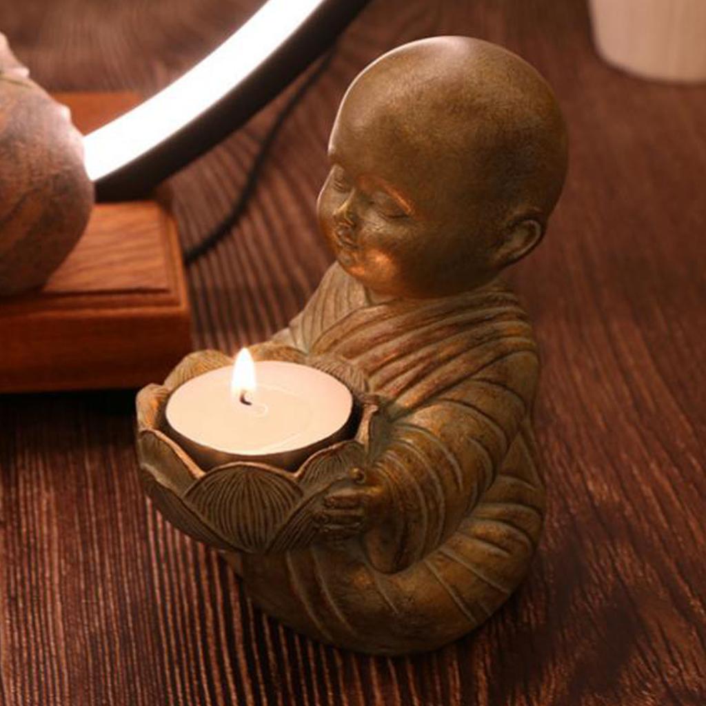 Little Monk Statue Candlestick Holder Vintage Exquisite Decorative Buddha Statue Candle Holder for Home Desktop Outdoor