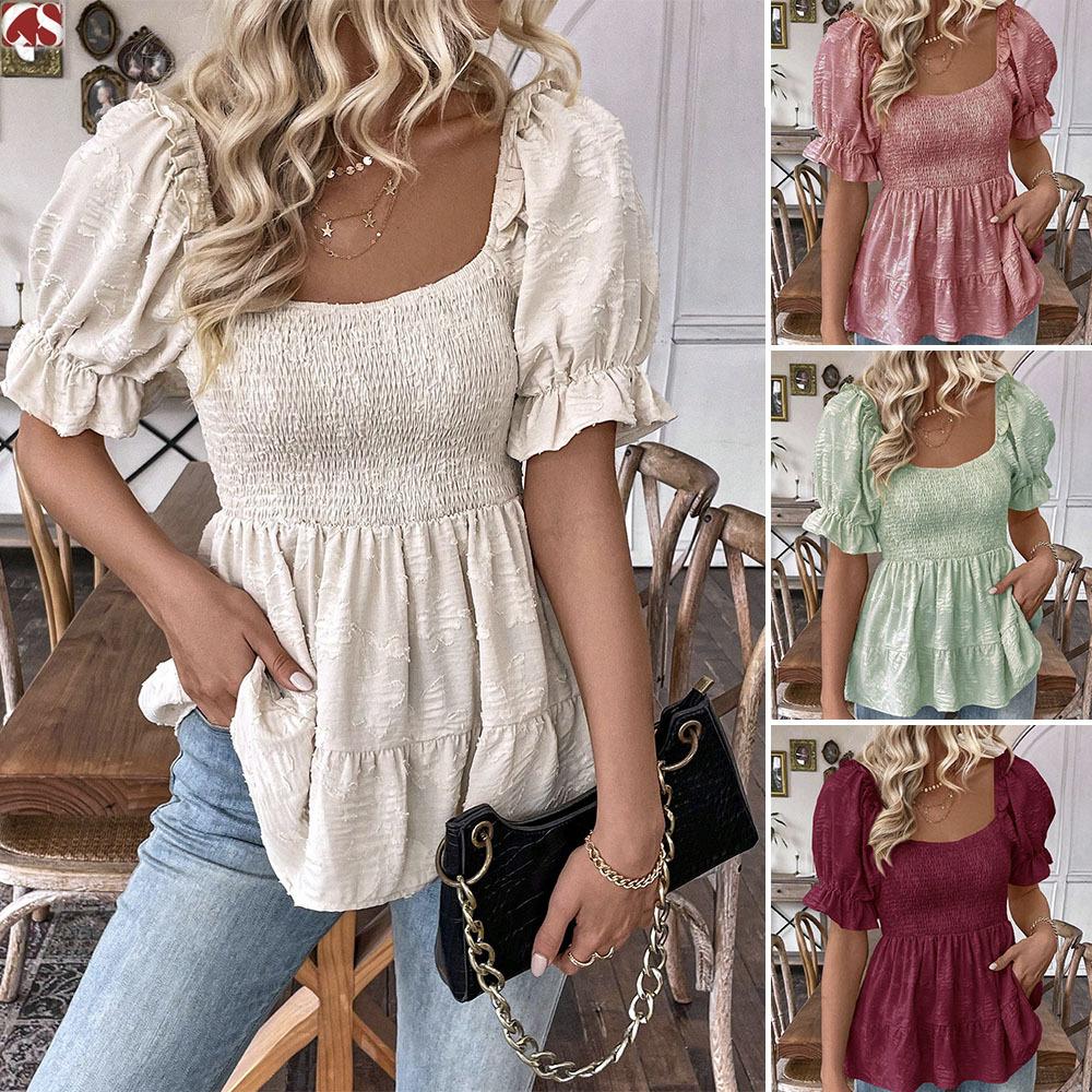 Women's Square Neck Puff Sleeve Blouse with Ruffle Hem in Multiple Colors