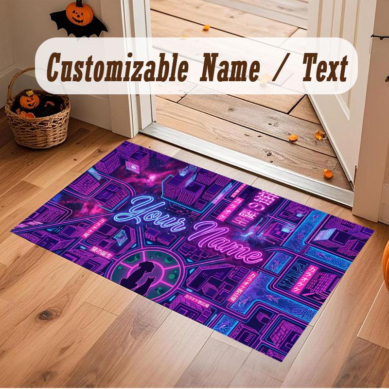 City Cyberpunk Theme Crystal Velvet Floor Rug Personalized Custom Name Text Warm Carpet Home Decoration