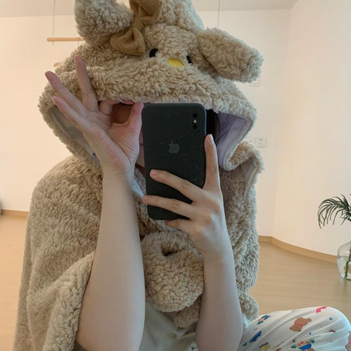 2024 Cute Cartoon Bear Hooded Shawl Blanket - Cozy and Thick for Women