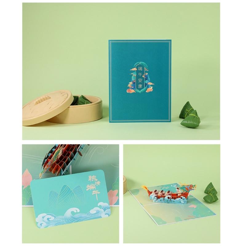 3D Pop-Up Dragon Boats Cards Chinese Dragon Boats Festival Greeting Card with Envelope Fathers Day Postcards Decoration