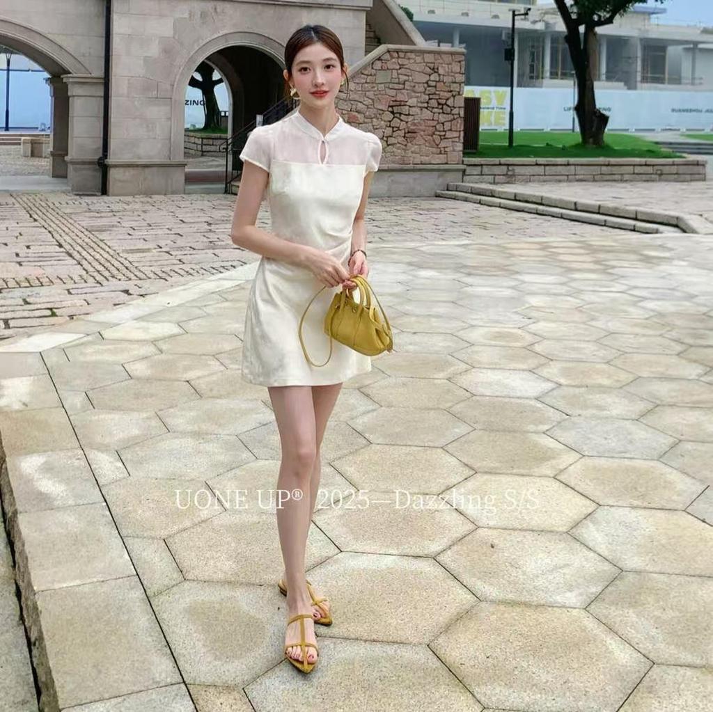 UONE2025 Summer Chinese Jacquard Cheongsam Dress with Frog Buttons and Hollow Waist Design