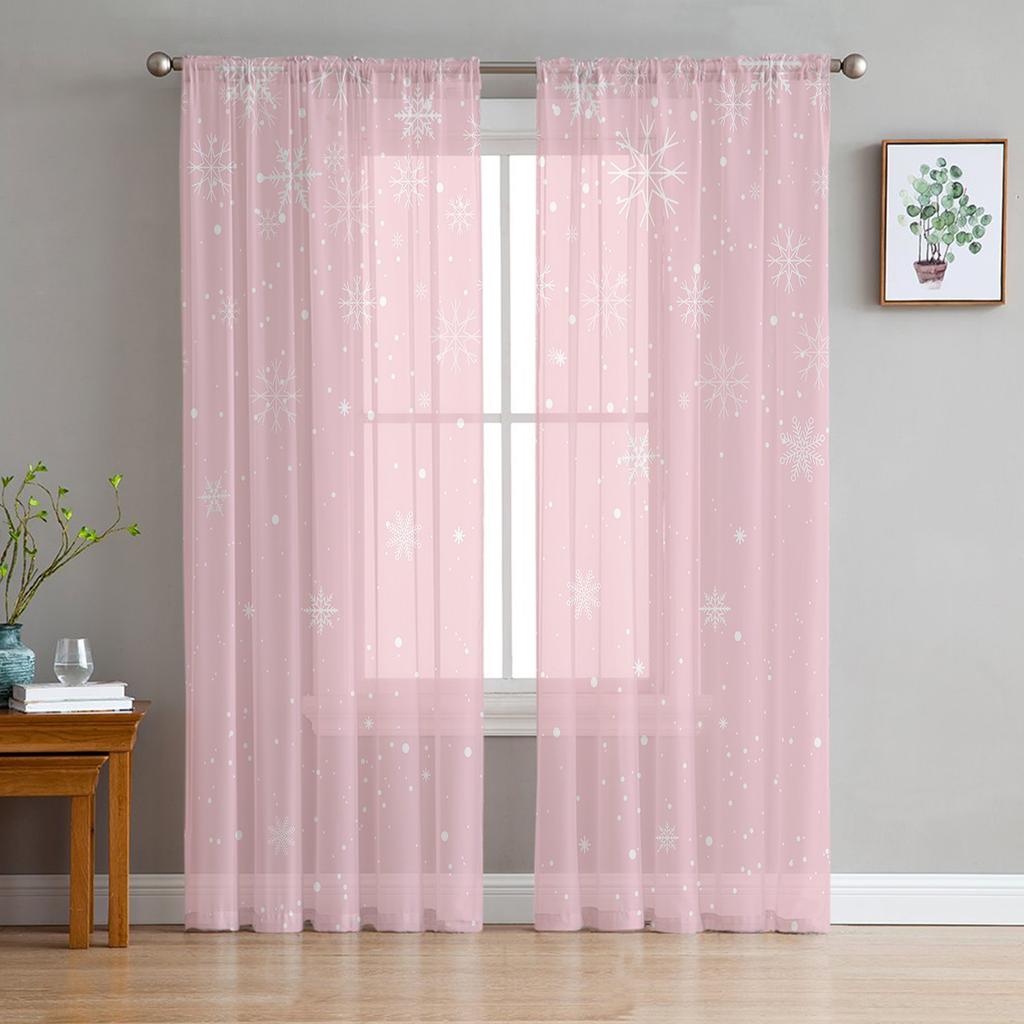 Christmas Snowflake Pink Yarn Curtain Window Tulle Curtains For Living Room Kitchen Sheer Window Treatments Voile Curtains