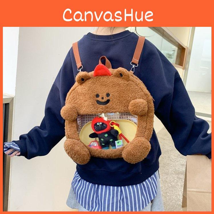 Cute And Furry Bear Plush Backpack With Transparent Layer For Badges Carrying