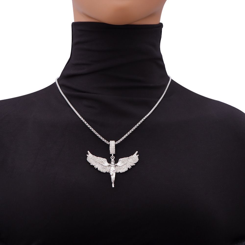 Unisex Vintage Angel Wing Pendant Necklace - Hip Hop Zircon Diamond Jewelry Accessories for Men and Women Sweater Chain