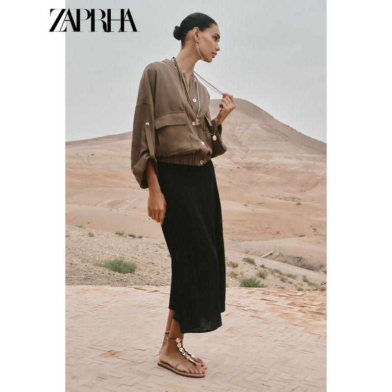 Zaprha 2025 Summer New Minimalist Style With Belt Linen Blend High Waist Midi Skirt 0387065
