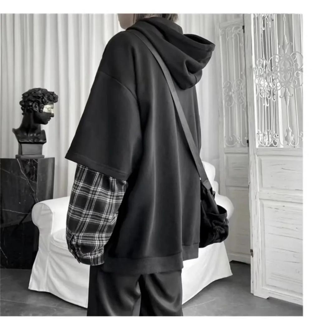 Men's Clothing Fake Two Hoodies Patchwork Plaid Hooded Oversized Tops Clothes for Women's Harajuku Casual Sweatshirt