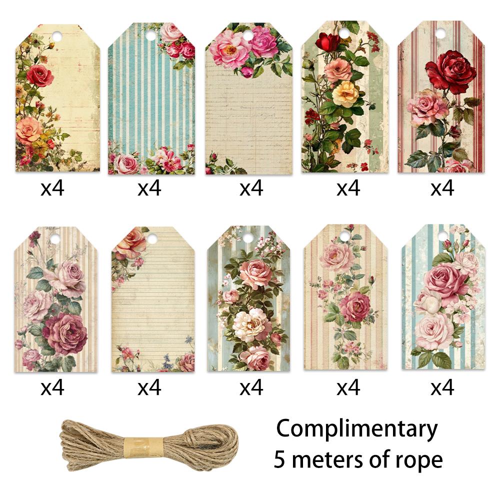 40pcs Blank Floral Tags, Hanging Tags, for Gifts, Weddings, Bridal Showers, Birthdays, Message Cards, Includes Jute Twine.