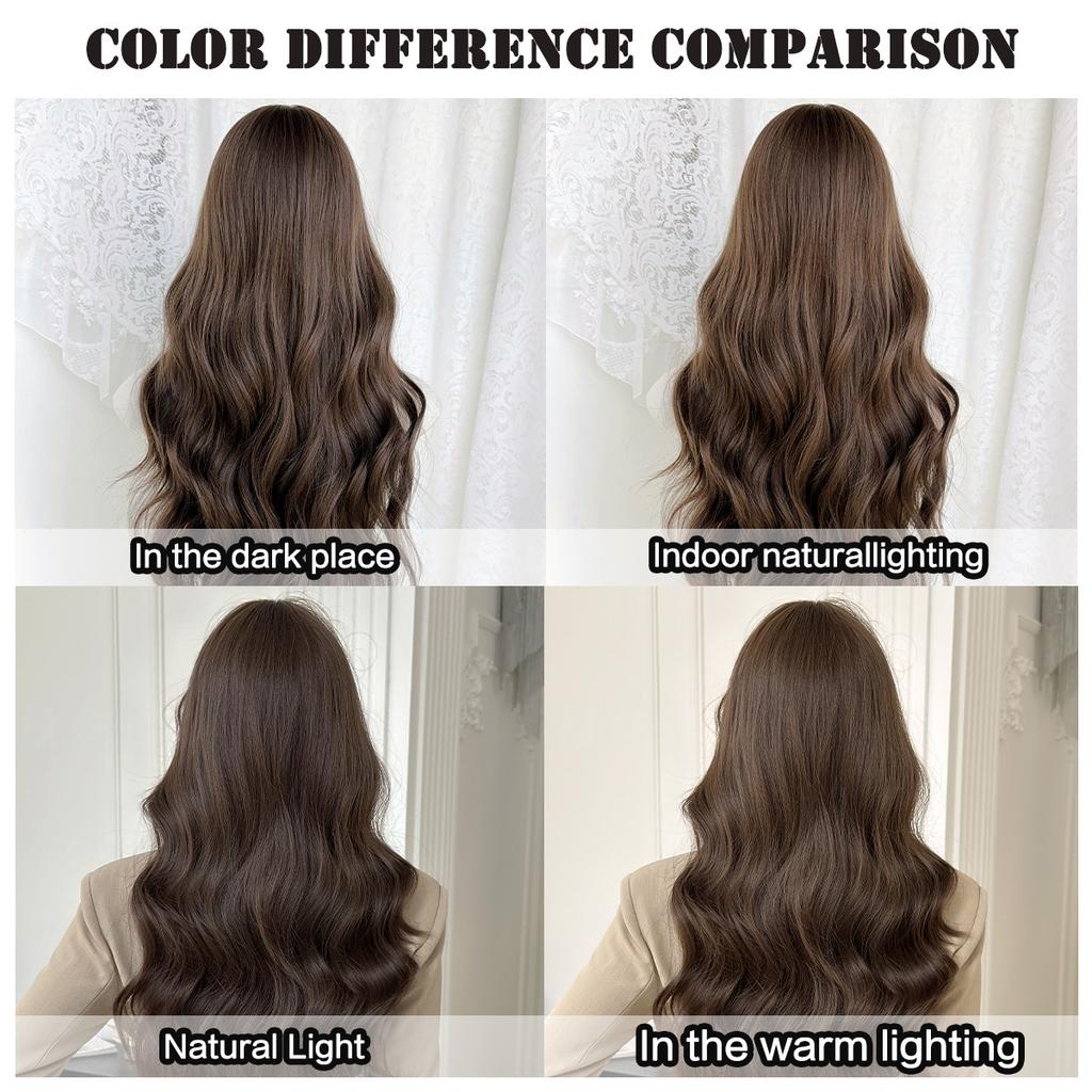 Middle East Cool Brown Big Waves Wig for Women - Air Bangs Long Curly Hair, Heat Style Trim Ready, European American Daily High Quality