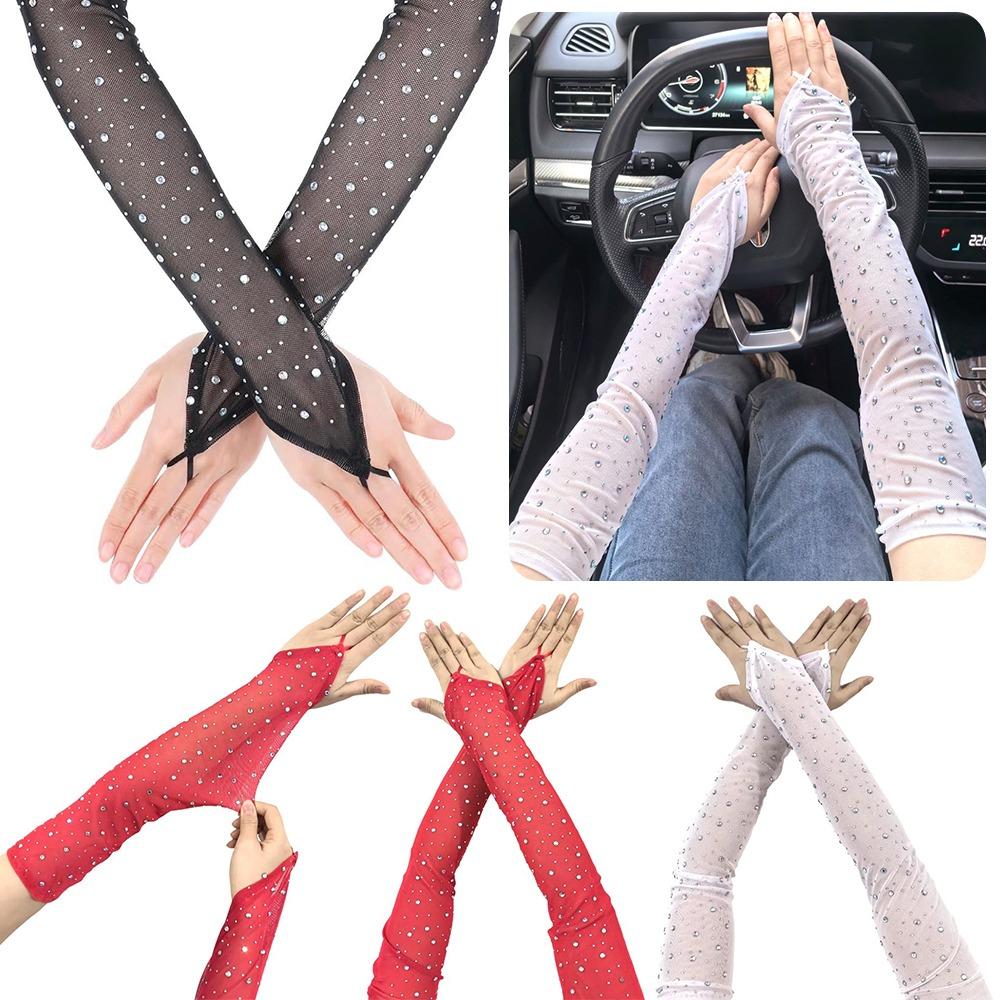 1 Pair Breathable Fingerless Gloves Rhinestone Sunscreen Arm Sleeves Long Elegance Mitten  Women