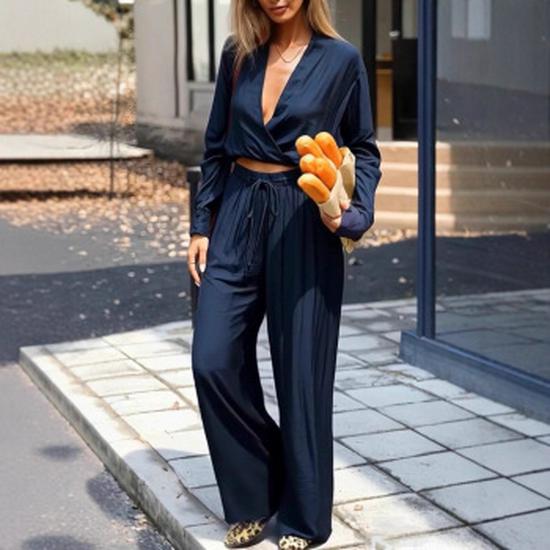 V-neck Long-sleeve Top & High-waisted Pants Women's Two-piece Set - 2025 Fashion Casual Style