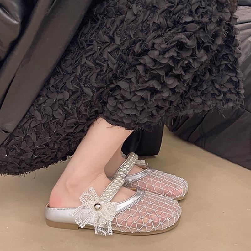 Fashion Pearl Bow Baotou Slippers for Women In Summer 2025 New Comfortable Soft Flat Bottom Lazy Mesh Cool Mat