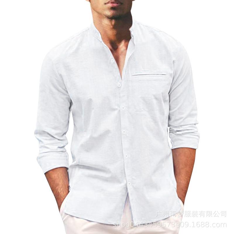 Men's Long Sleeve Cotton Linen Shirt, Mandarin Collar Button-Up Shirt, Solid Color Casual Top