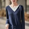 Women's V-Neck Patchwork Knitwear: French Color Block Two-Piece Style, Stylish Inner Layer Sweater for Spring/Autumn 2026.