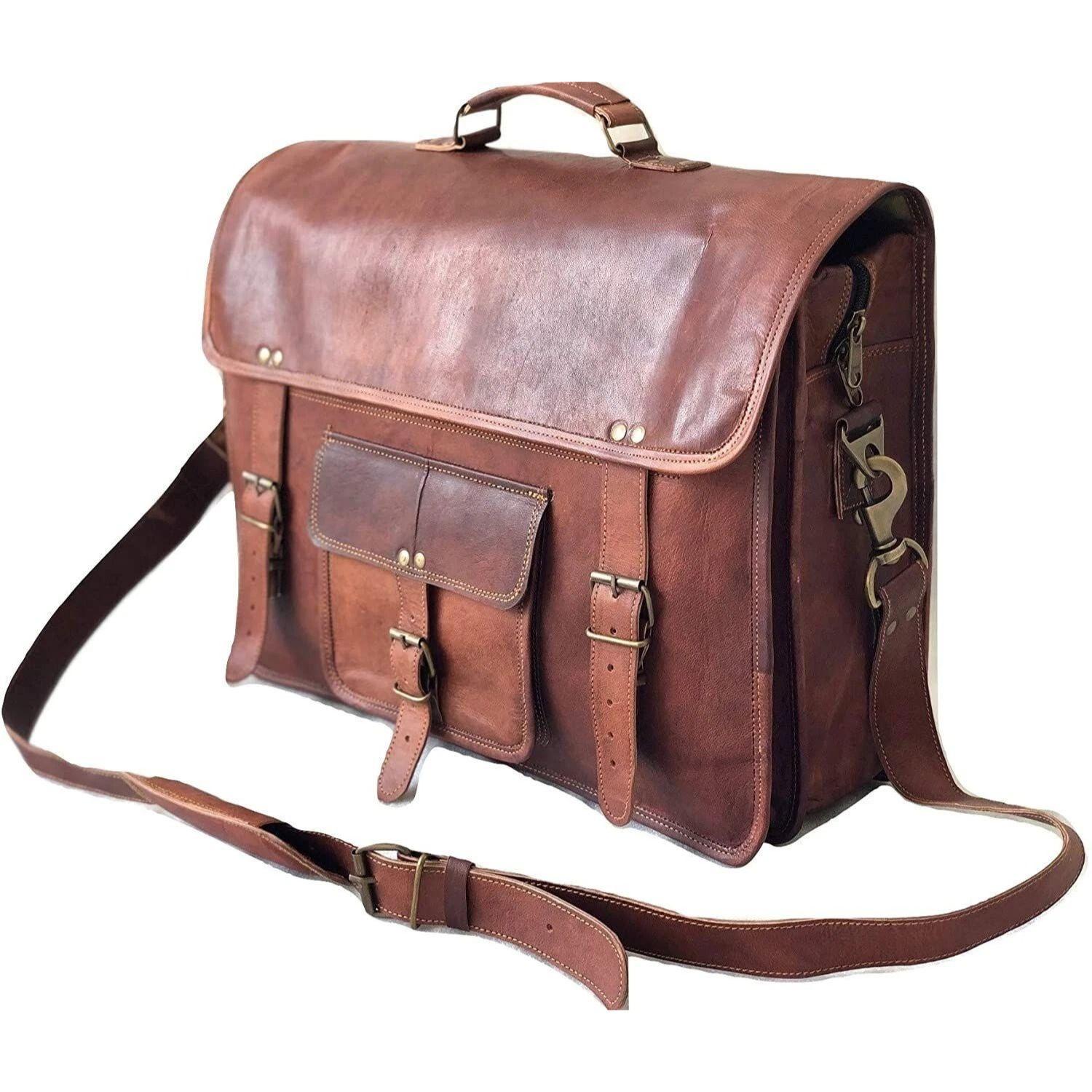 

Натуральная винтажная коричневая кожаная сумка через плечо для ноутбука, портфель 15 x 11 x 4 in