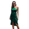 Damen schulterfreies Satin-Midikleid - zum Binden, einfarbig, Sommerstil