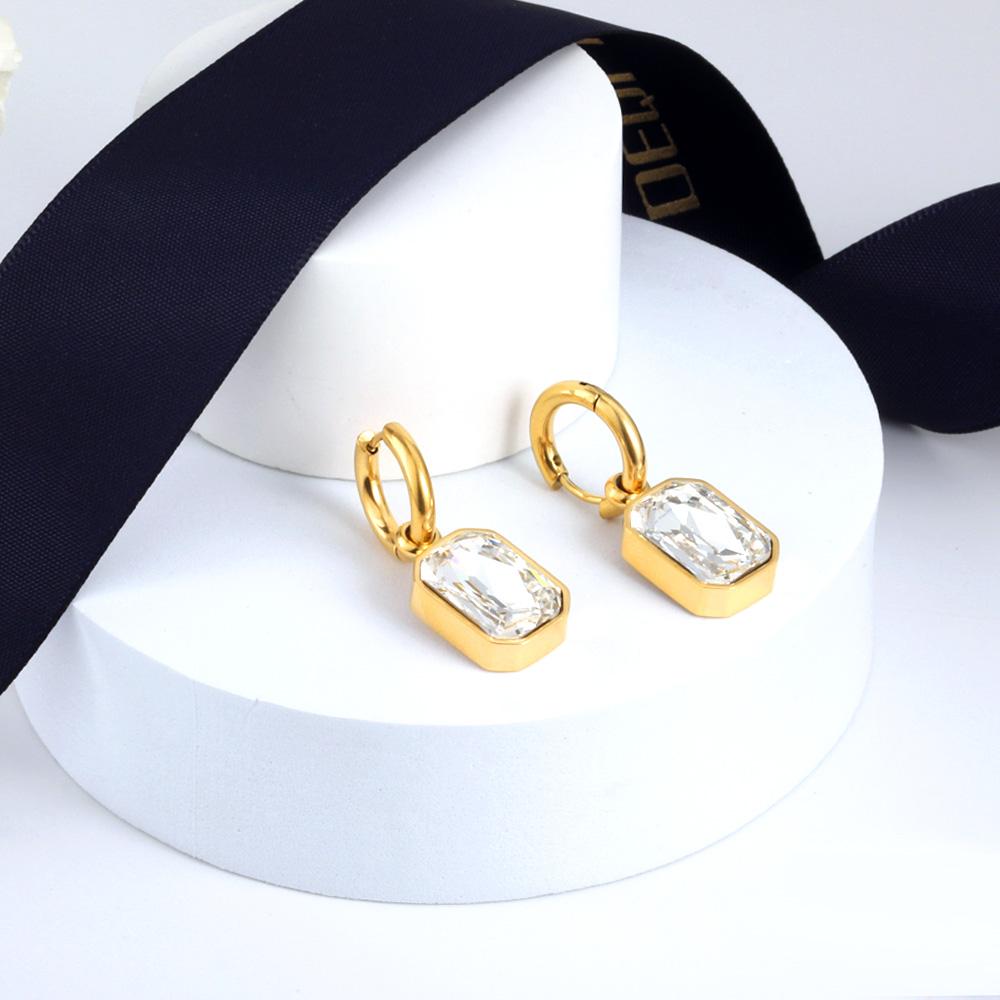 Fashion Square Zircon Pendant Earrings for Women and Girls, Stainless Steel Gold-Plated Cubic Zirconia Ear Accessories Jewelry