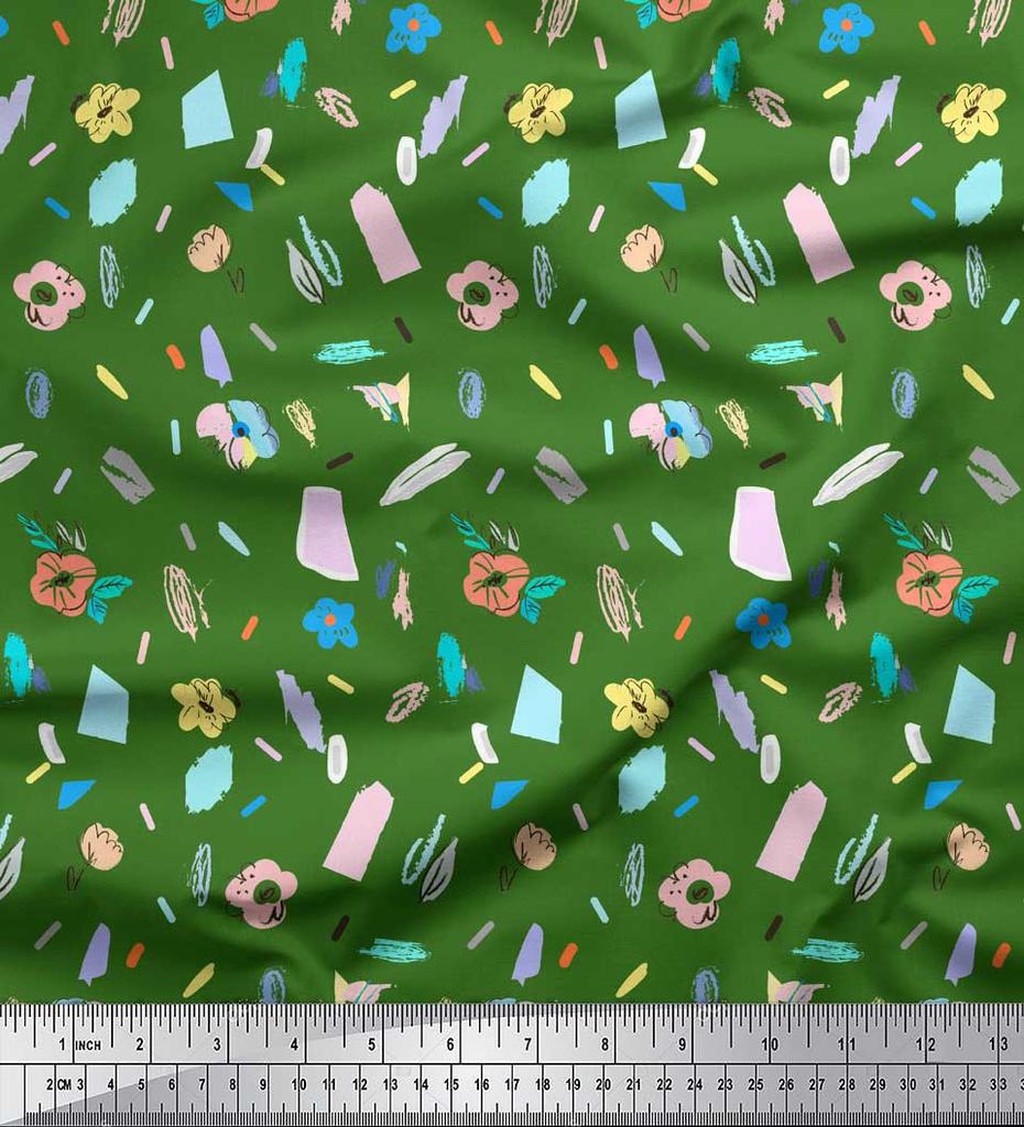 Soimoi Green Japan Crepe Satin Fabric Brush Stroke & Artistic Floral Print Fabric by the Metre 42 Inch
