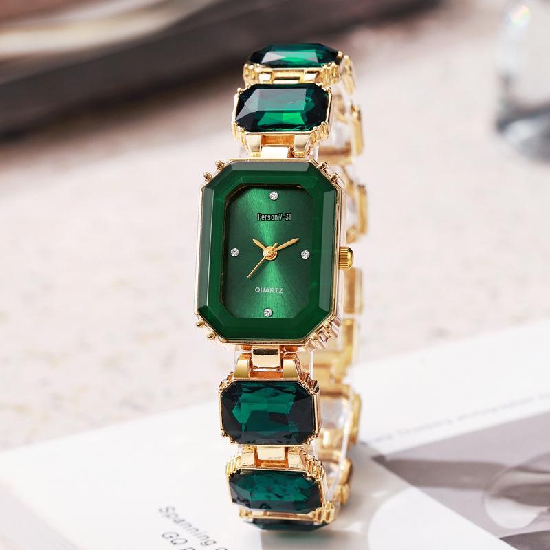 Chic Women's Colorful Gemstone Steel Band Square Watch