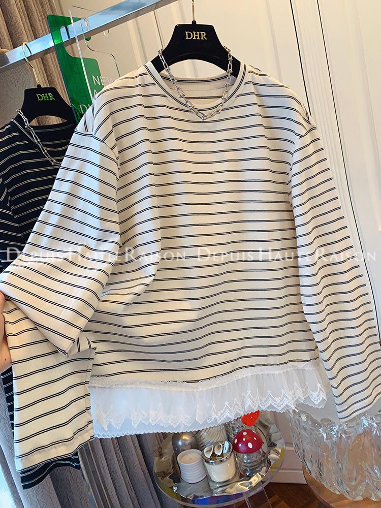 

Korean-Style Striped Lace Trim Fake Two-Piece Long-Sleeve Women s T-Shirt 2XL [Recommended 165-185 Jin] абрикосовый