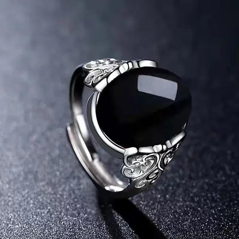 2025 New Red Agate Chalcedony Ancient Silver Color Open Ring Female Crown Rhinestone Ring Hollow Jewelry Gift Adjustable Anillos Resizable чёрный