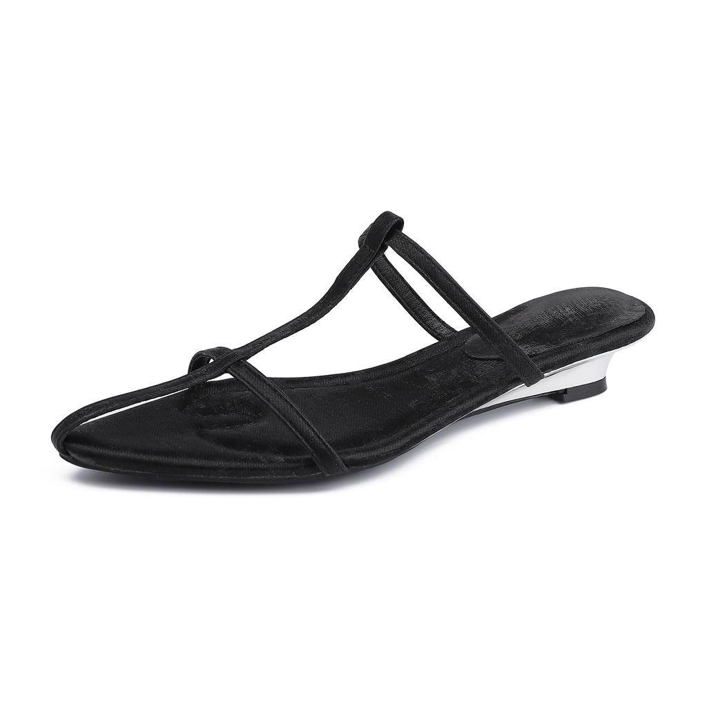 Sandals women's summer wear high-end wedge heel pointed cool slippers shoes women's French thin belt low heel sandals temperament shoes