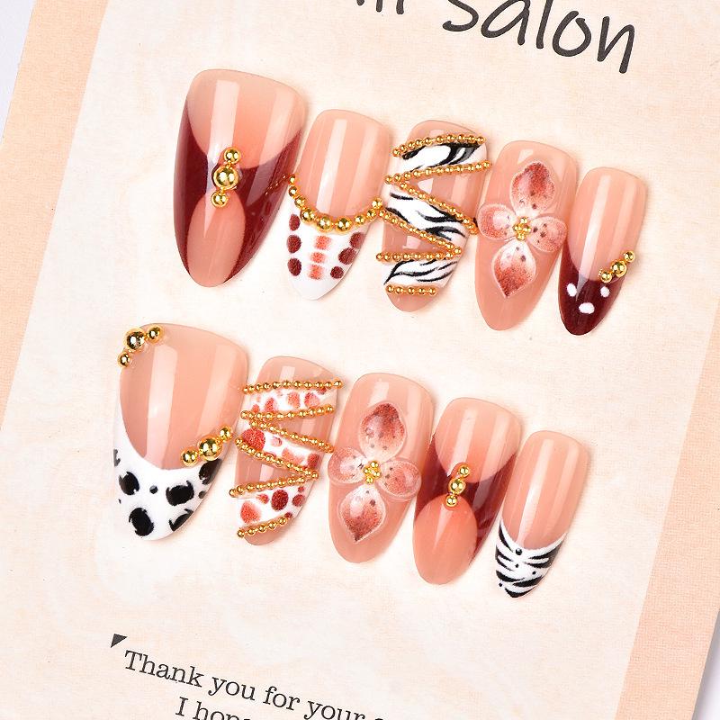 30pc Almond 3D Manicure Tips: Painted Flowers, Cow Print, French Style with Rhinestone Decor.