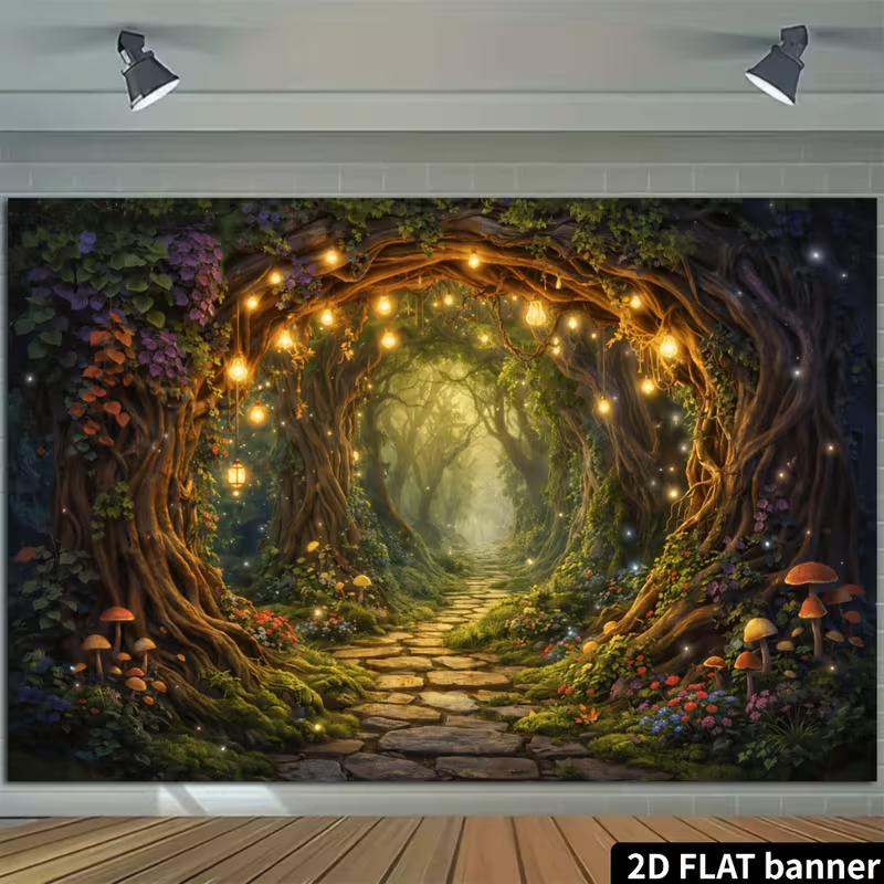 2D Magical Forest Path Backdrop Enchanted Tree Tunnel with Lights Photography Background