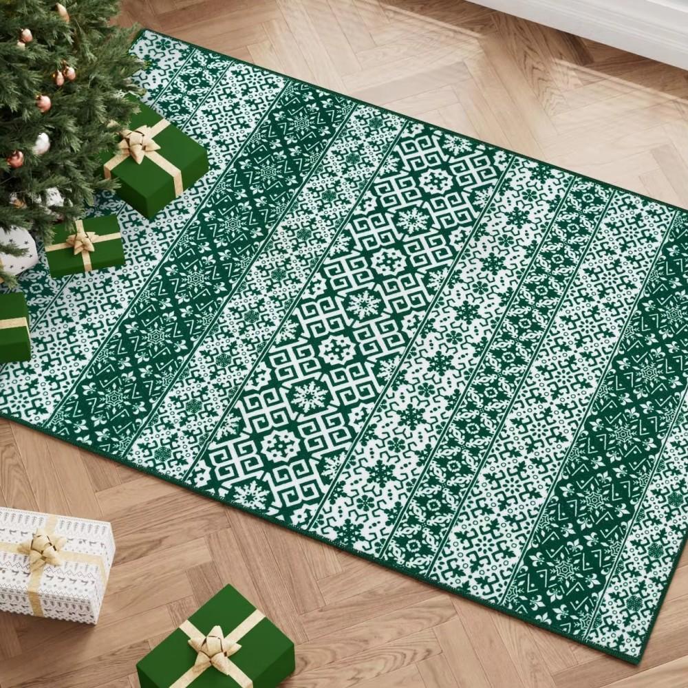 Scandinavian Christmas Style Green Geometric Snowflake Carpet Living Room Retro Non Slip Wear Carpet Holiday Decoration