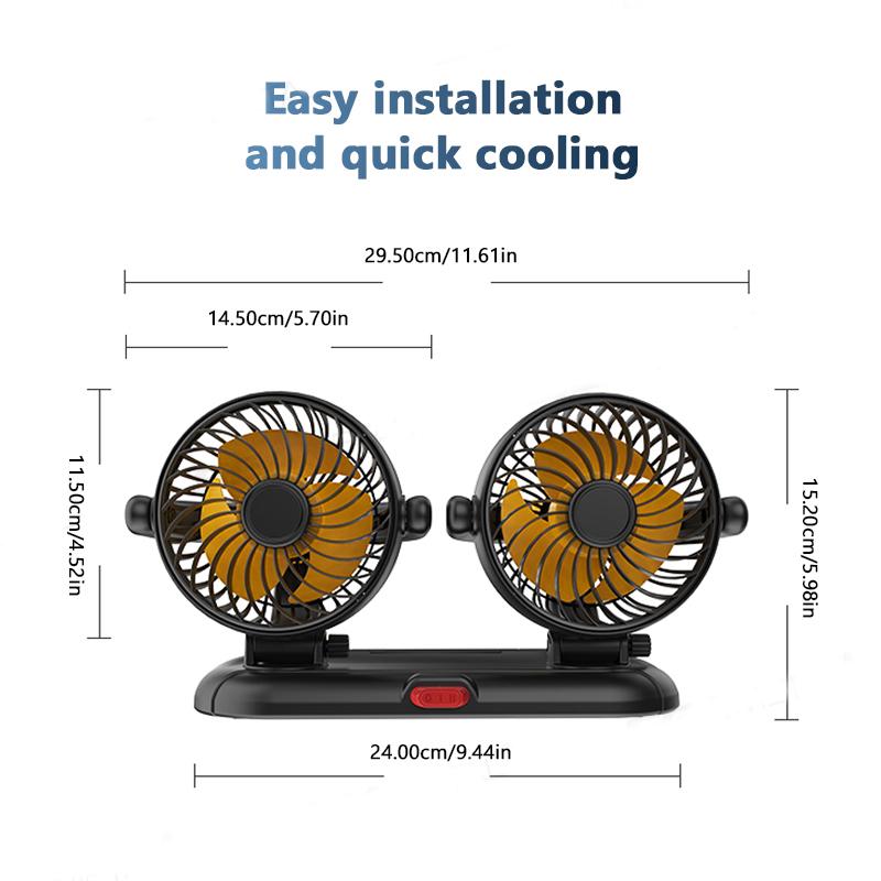 SEAMETAL Car Dual Headed Fan 360° Degree Rotation 2 Speeds Adjustable USB Auto Air Cooling Fan