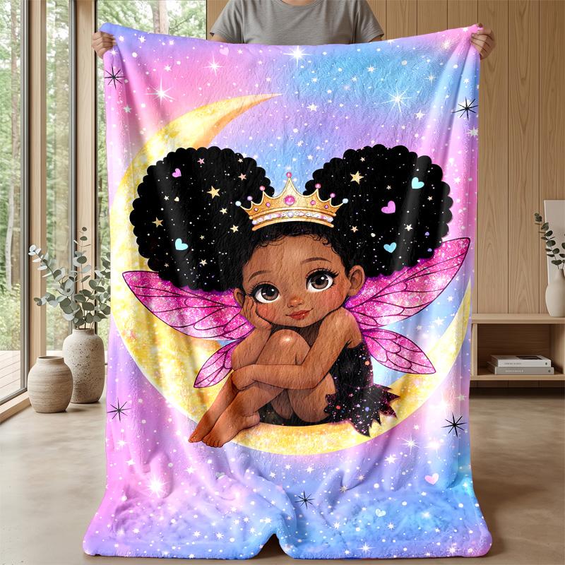 Fairy On Crescent Moon Theme Blanket Lightweight Warm Flannel Blanket Decorative Throw Blanket for Home Decoration