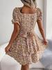 Abito Stampato con Scollo Quadrato Vita Alta Abito Elegante da Donna Manica Corta Abiti Ampi Abito Casual