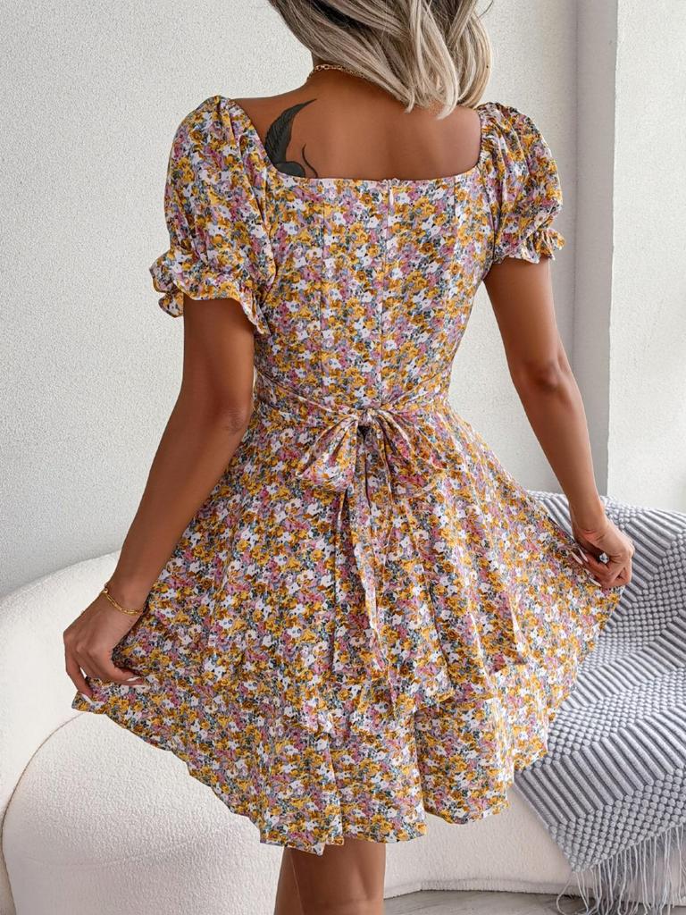 Abito Stampato con Scollo Quadrato Vita Alta Abito Elegante da Donna Manica Corta Abiti Ampi Abito Casual