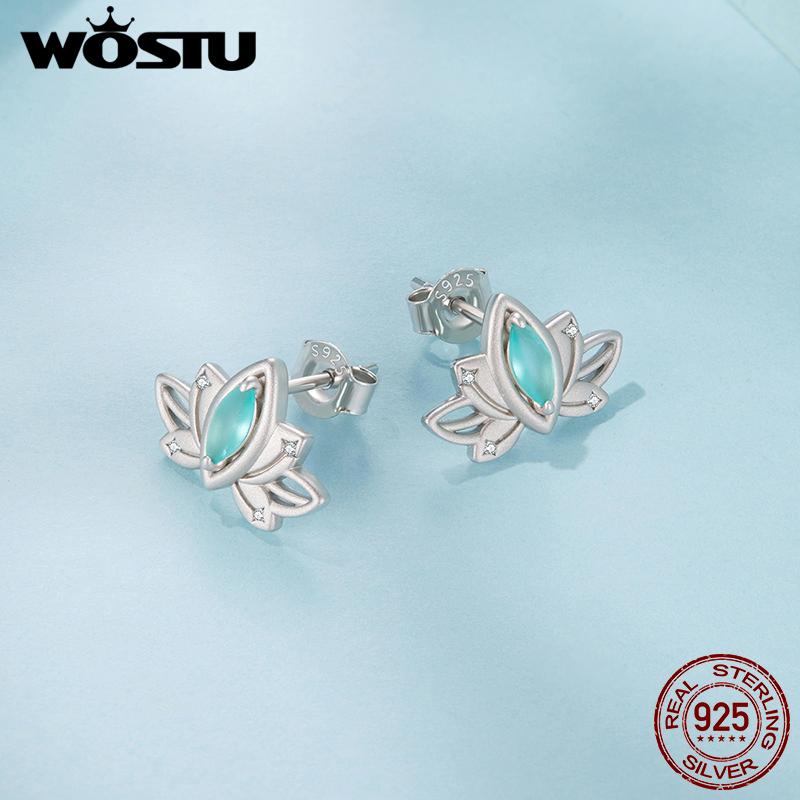 WOSTU Real 925 Sterling Silver Ice Green Lotus Flower Stud Earrings For Women Elegant jewelry gift For mom Daughter Lover