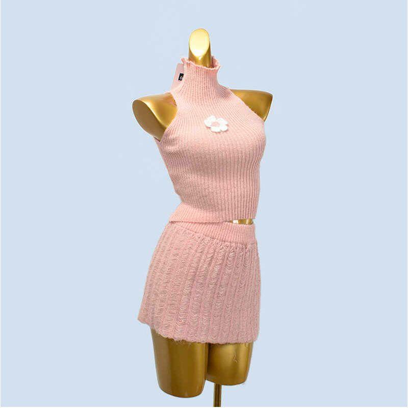 

Wool Sea Wool Autumn Women s High Waist Slim Looking Hip Knitwear Sleeveless Turtleneck Vest Half-Length Short Skirt Two-piece Set Pink plus a sleeve One size