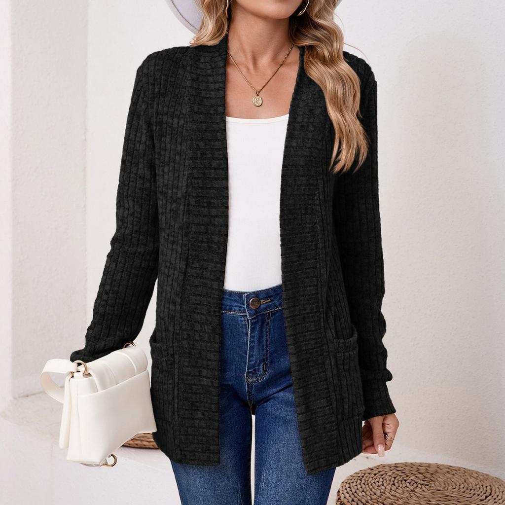 Women Ladies Solid Color Long Sleeve Length Cardigan Sweater Coat Top