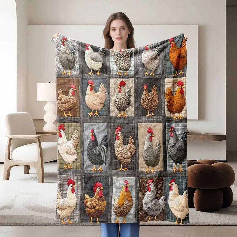 1 Piece Chicken-themed Gray Flannel Blanket, Soft, Suitable for Sofa, Bed, Office, All-season Use.